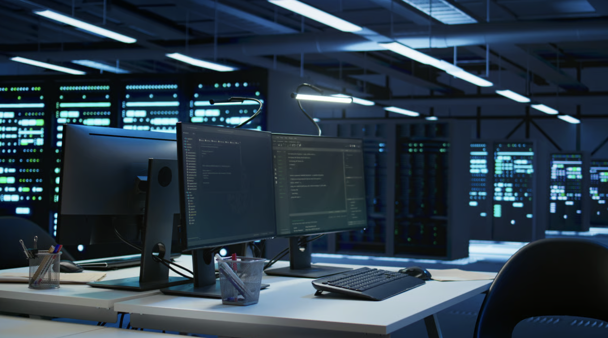 Engineer monitoring managed infrastructure across multiple screens